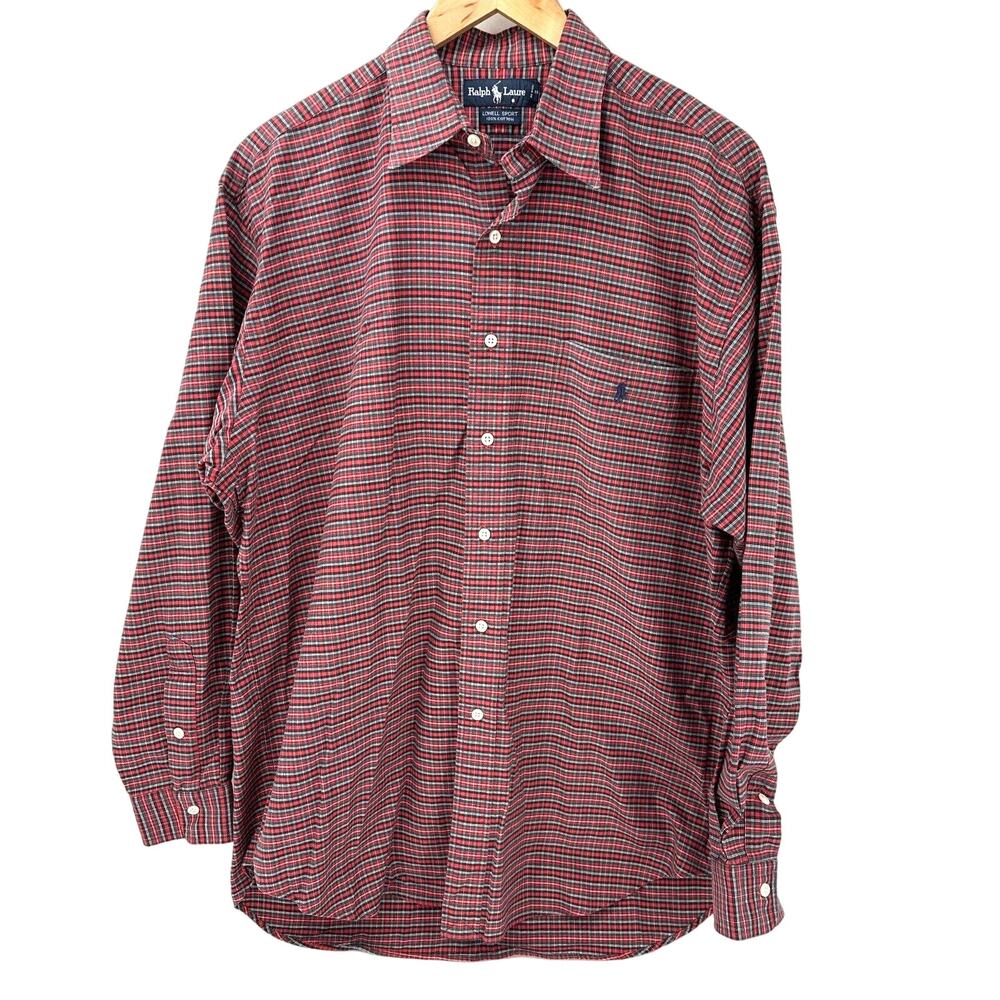 Ralph Lauren Shirt Mens Large Lowell Sport Red Green Plaid Button Up Vintage